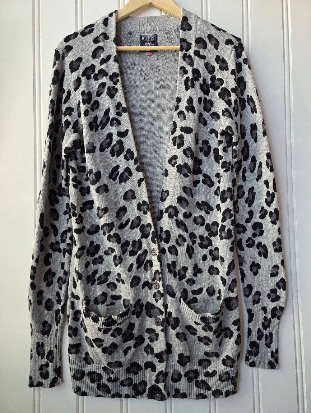 PINK Victoria's Secret Grey Leopard Print Long Button Cardigan Sweater Large